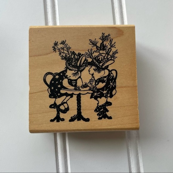 Vintage Wood Block Rubber Stamp Hamilton Arts Bunny Rabbit Lady Gossip Tea Dress - Picture 2 of 6